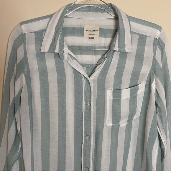 American Eagle Long Sleeve Semi Sheer Striped Button Front Oversized Shirt - Picture 2 of 9